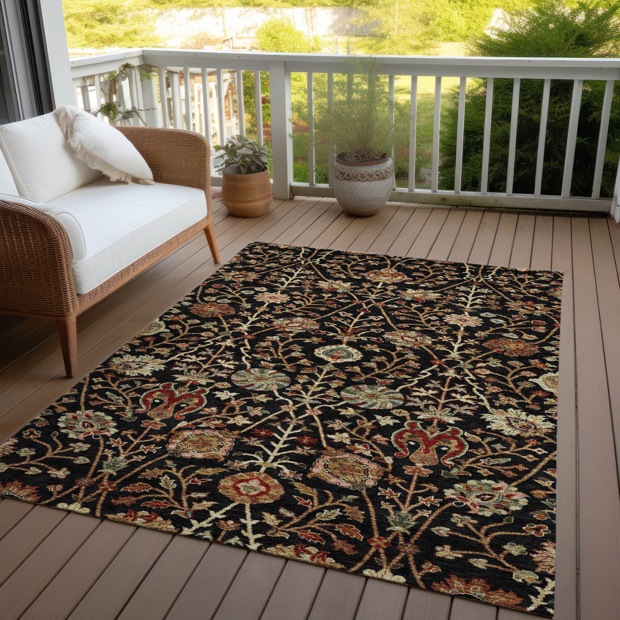 Addison Rugs Chantille Indoor/Outdoor Transitional Floral Black Washable Rectangle Rug, 5' x 7'6"