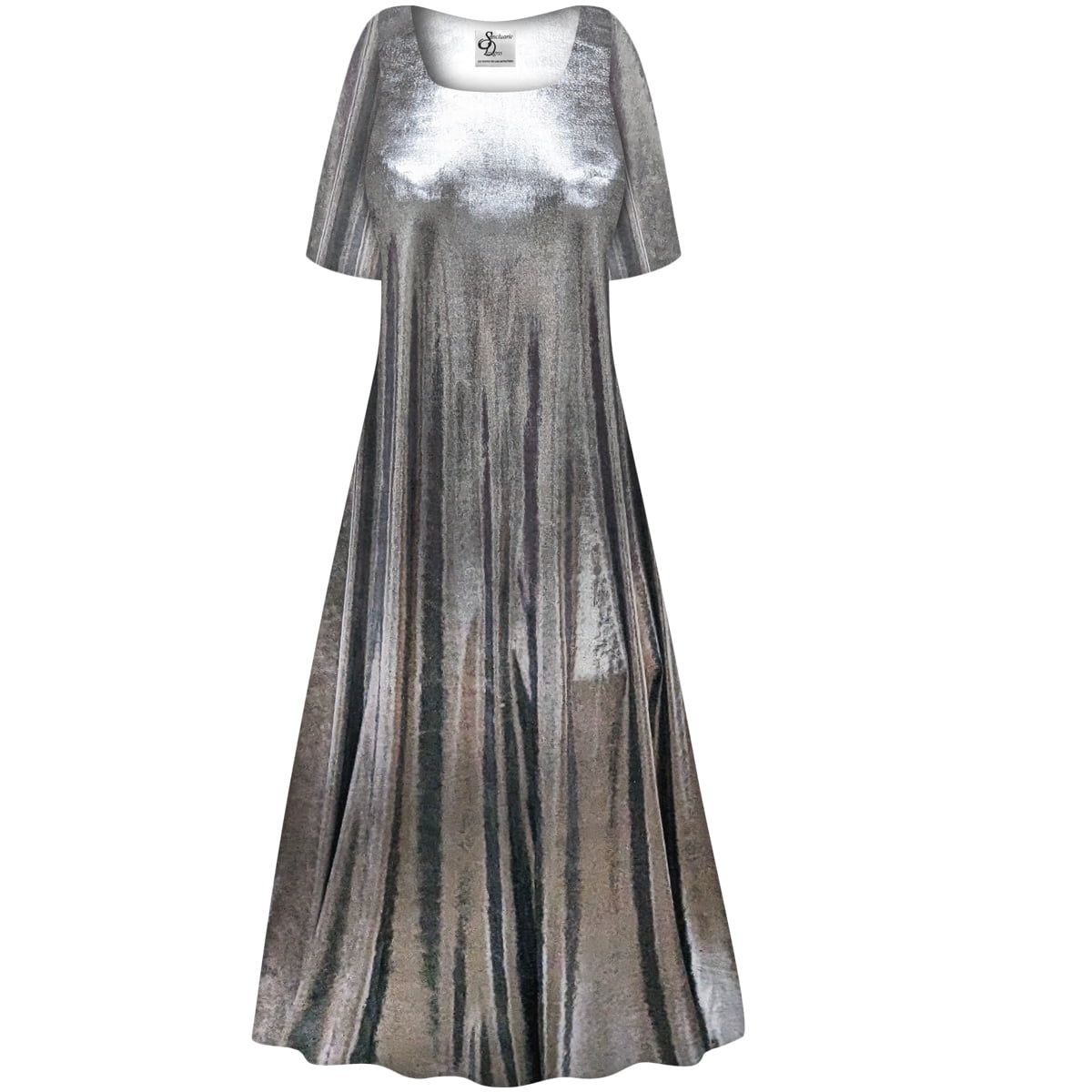 Large Petite Womens Strechy Square Neckline with Short Sleeve Dress Silver Metallic A Line Sleek ...