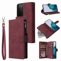 Galaxy S21 Ultra Wallet Case, Dteck Soft Leather Zipper Wallet Case Magnetic Buckle Horizontal Flip Cover with 5 Card Slots/Photo Pocks for Samsung Galaxy S21 Ultra, Winered