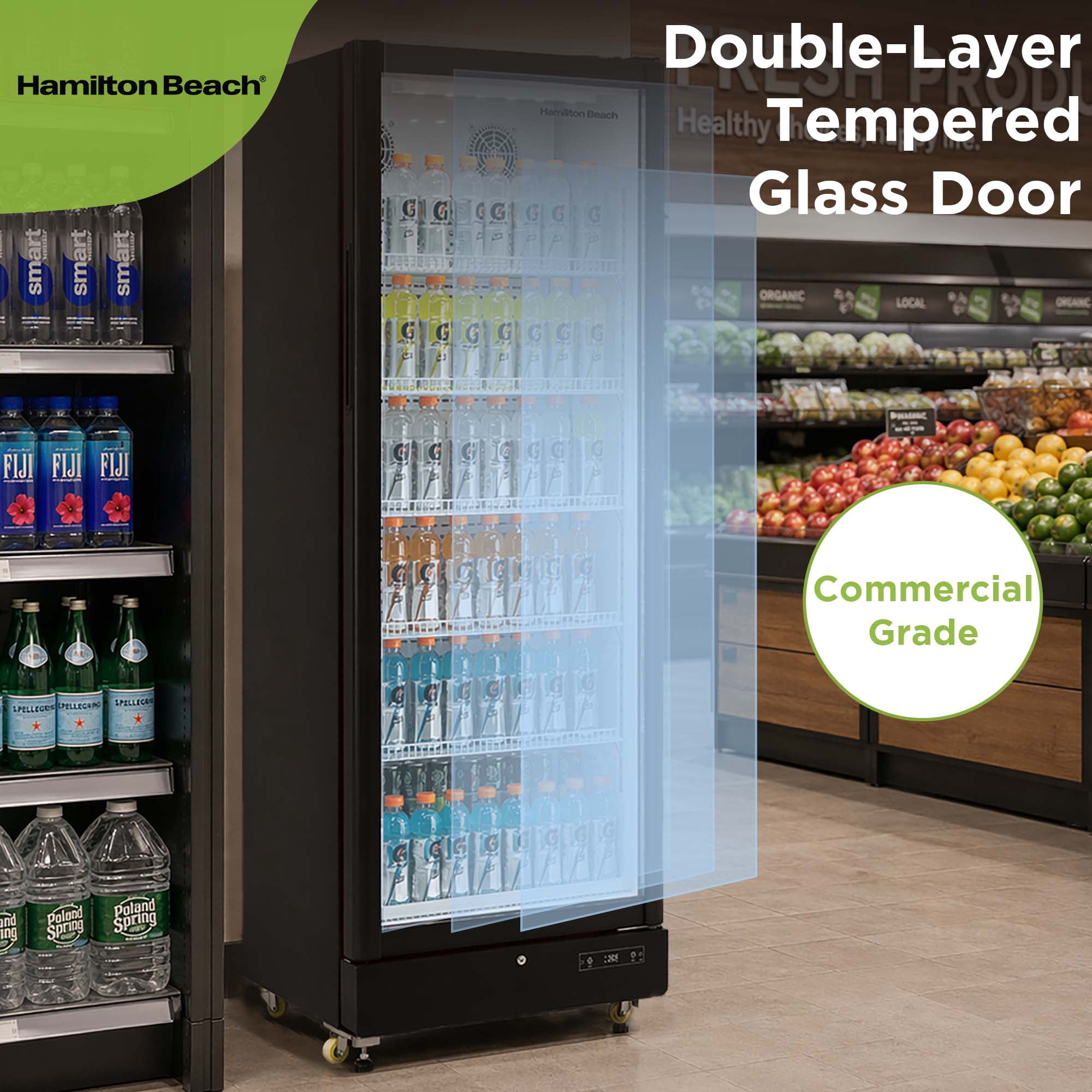 Hamilton Beach 17 cu. ft. Commercial Glass Door Display Fridge, Frost-Free Beverage Refrigerator with LED Lighting, Adjustable Shelves, Digital Temperature Control