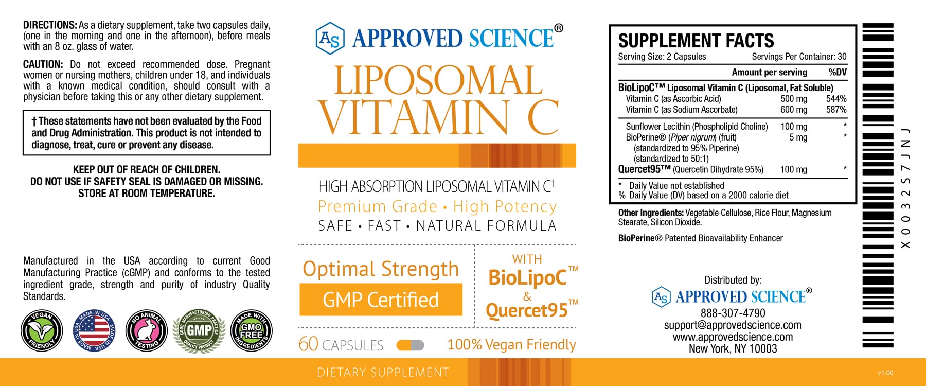 Approved Science Liposomal Vitamin C - 1100 mg - 60 Capsules - Immune Support, Boost Collagen, Antioxidant - High Absorption - Fat Soluble - Non GMO - Vegan - Made in The USA