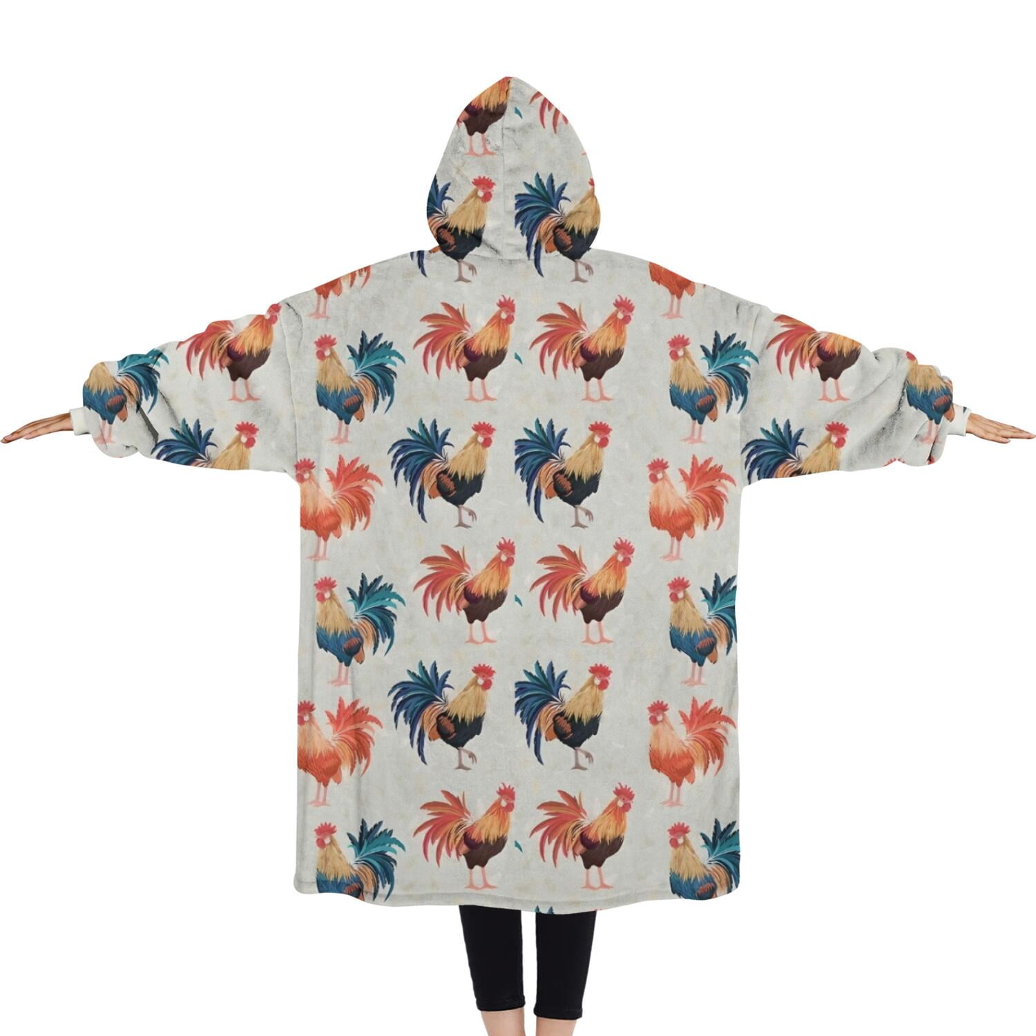 Oversized Wearable Blanket Hoodie,Light Gray Chicken Rooster Pattern Sherpa Blanket Hoodie with Super Pockets,Super Warm Fuzzy Pullover for Women & Men