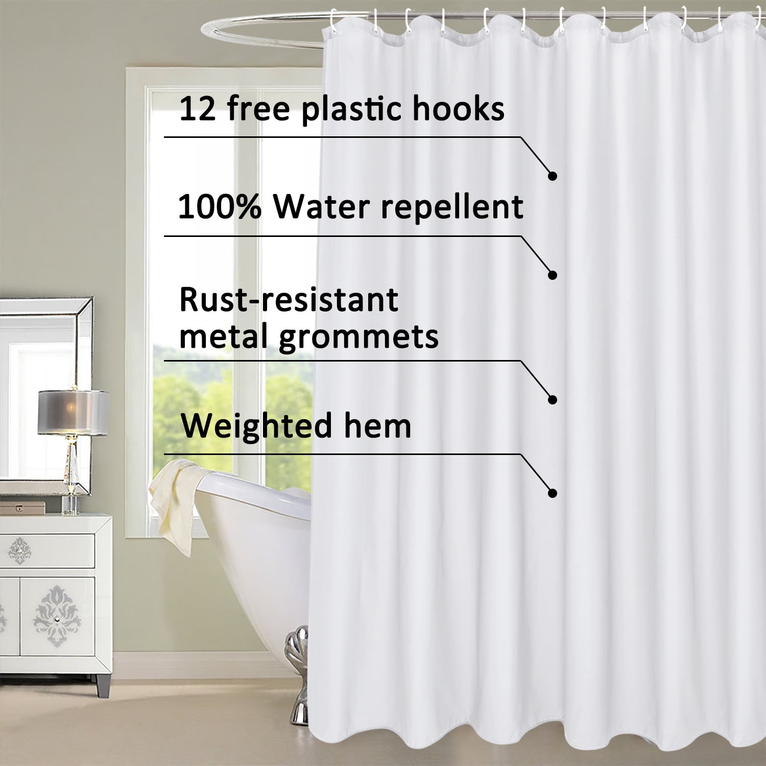 EurCross Solid White Shower Curtain 72 x 72 inches, Water-Resistant Cloth Fabric Shower Curtain Liner for Bathroom-Machine Washable