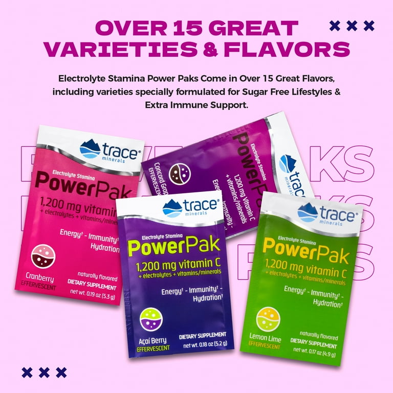 Trace Minerals | Power Pak Electrolyte Powder Packets | 1200mg Vit C | Acai  Berry | 156g 30 Packets