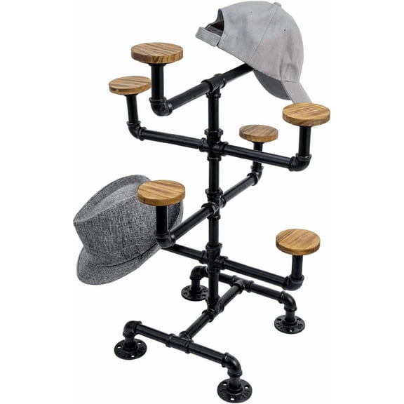 Black Metal Pipe and Brown Wood Hat Stand, Countertop Retail Display Stand