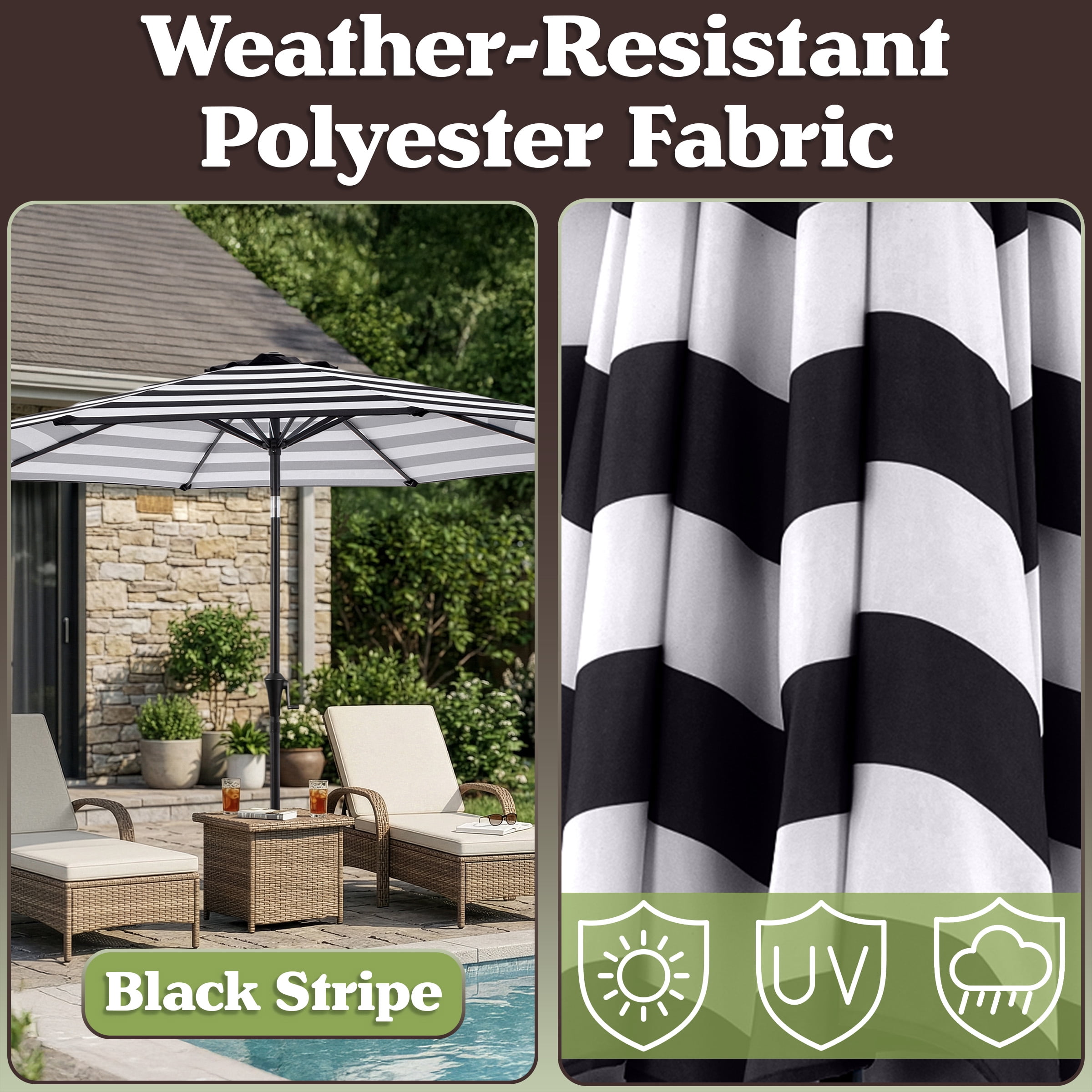 Pure Garden 9 Ft Striped Outdoor Patio Umbrella with Tilt, Black and White