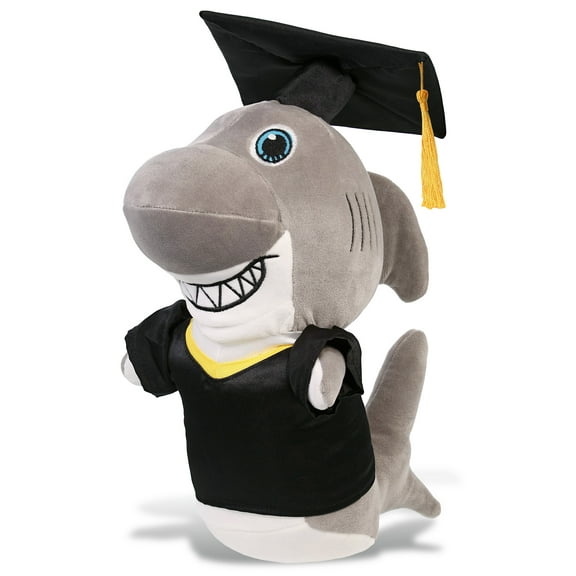 DolliBu Standing Shark Graduation Plush Toy - Snug-Mooshies Shark Plush Graduation Stuffed Animal Dress Up with Graduation Gown and Cap with Tassel Outfit - Congratulatory Graduation Gift - 8 Inches