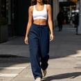 thumbnail image 4 of LEAVINGSUO Wide Leg Sweatpants for Women Drawstring Elastic Waist Side Flap Pocket Work Pants Straight cut Casual Trousers Navy S, 4 of 9