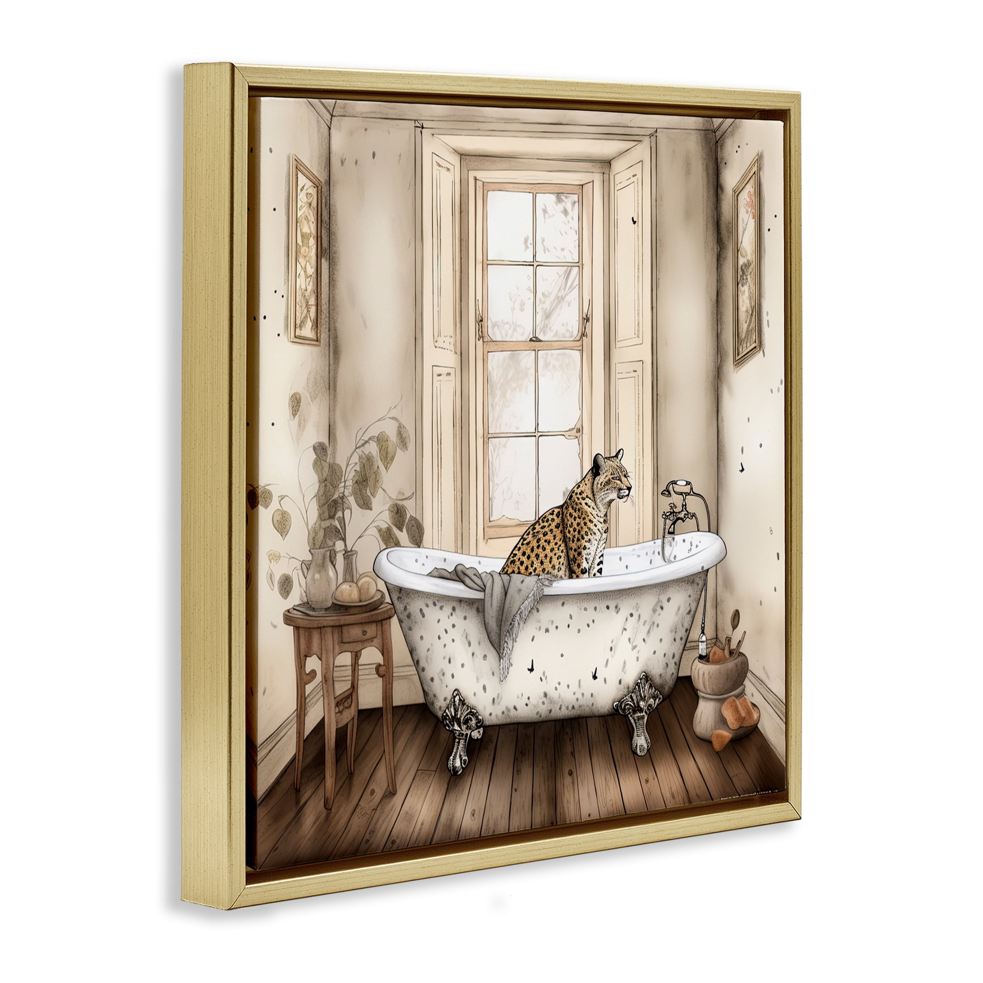Neutral Leopard Bathtime Gold Framed Floater Canvas Wall Art, design by Sasha