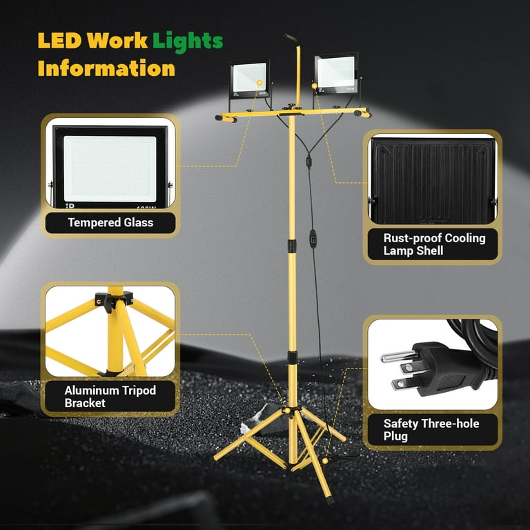 30000 Lumen LED Work Light On Tripod Stand - 2 Adjustable Heads, IP66 Waterproof, For Construction & Garage
