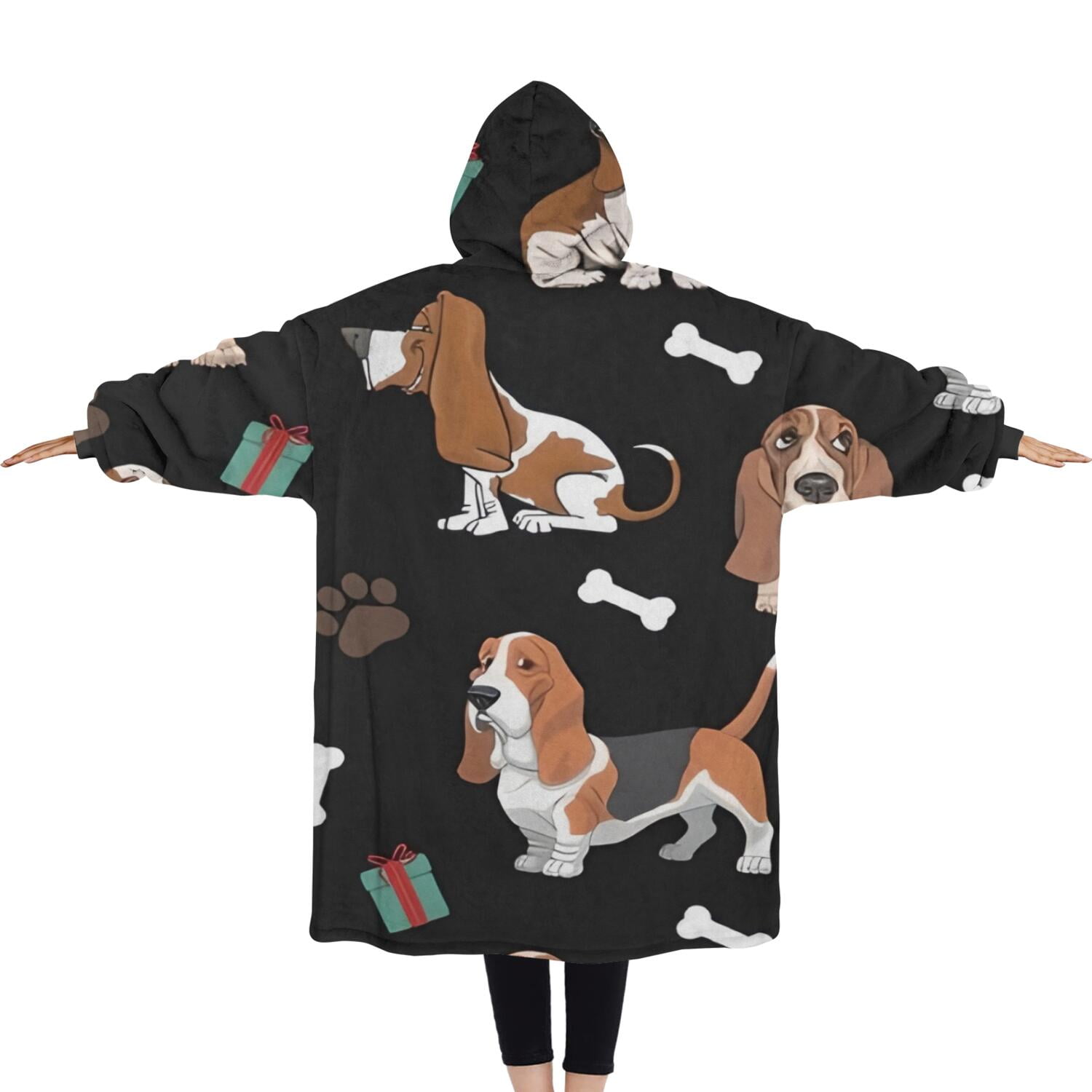 Oversized Wearable Blanket Hoodie,Basset Hounds with Bones and Presents Sherpa Blanket Hoodie with Super Pockets,Super Warm Fuzzy Pullover for Women & Men