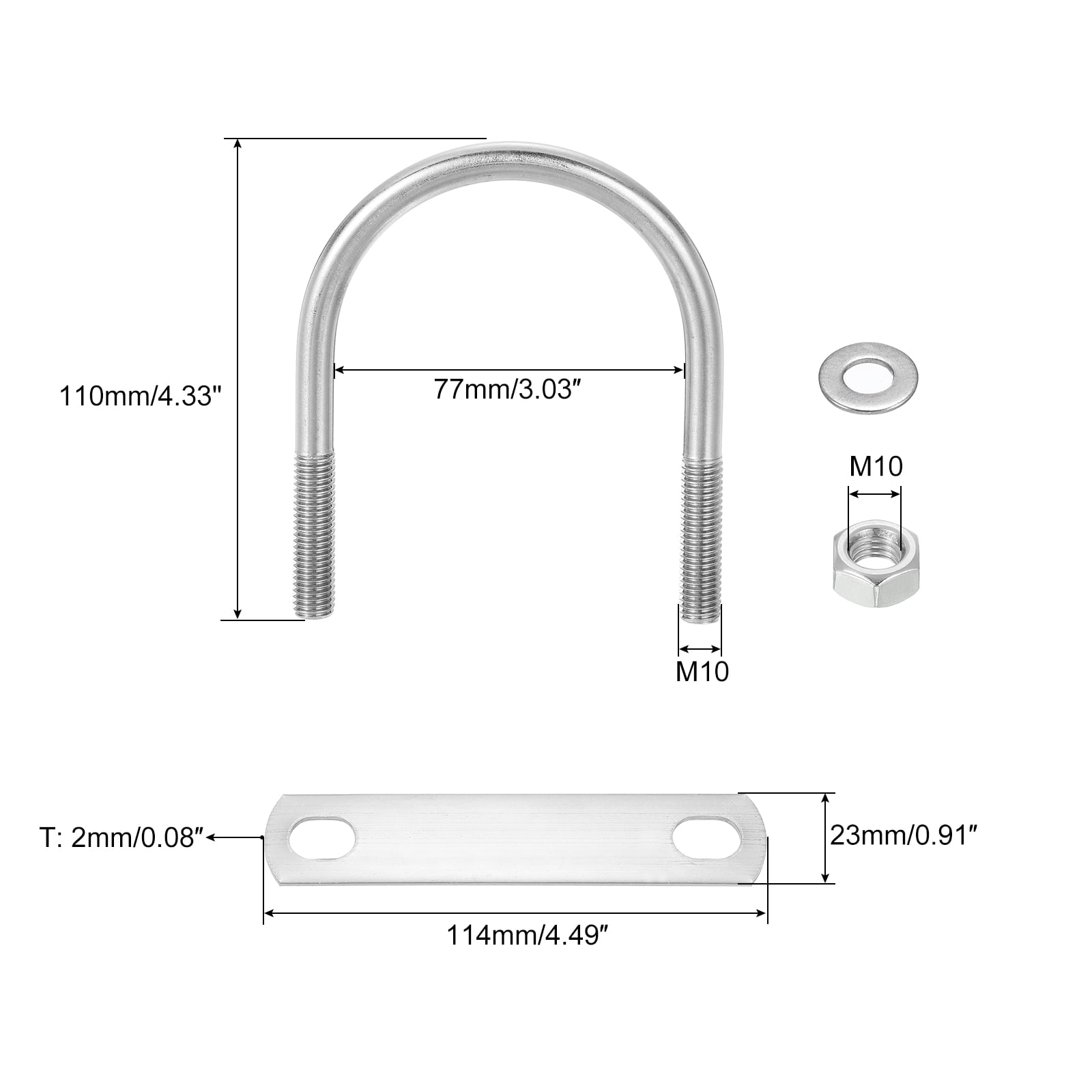 Round U-Bolts, 6 Sets 75mm(2.95") Inner Width 110mm Length M10 304 Stainless Steel U Clamp Bolt with Nuts and Plates