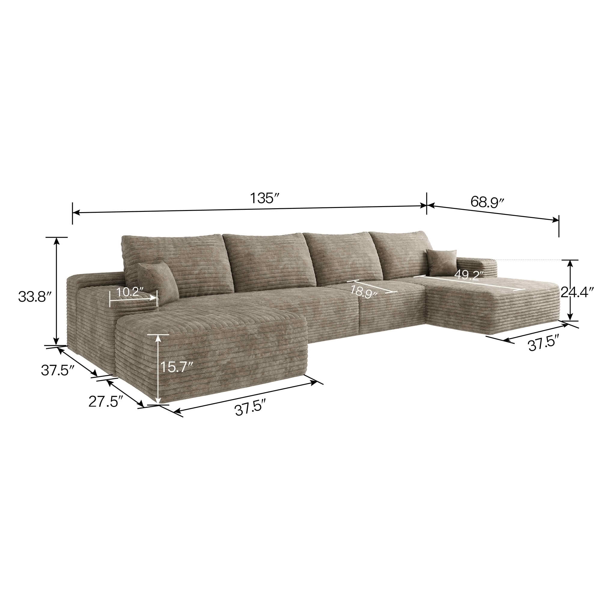 MAYEERTY 135 Inch U‑Shaped Cloud Modular Sectional Sofa with 1 Ottoman, Modern Deep‑Seat Corner Couch, Plush Corduroy Reversible Sofa, No‑Assembly for Living Room Bedroom Apartment
