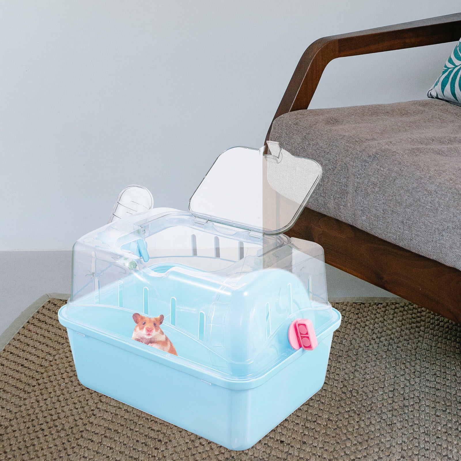 QIFULL Portable Sky Blue Small Pet Carrier Cage Plastic Hamster Travel Box for Outdoor Use