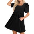 thumbnail image 3 of HUBERY Women Square Neck Puff Short Sleeve Pleated Pocket Solid Color Midi Dress, 3 of 6