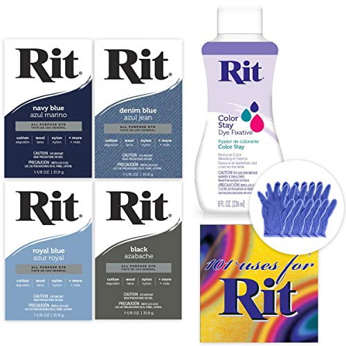 Rit Dye Bundle Navy Blue, Denim Blue, Royal Blue, Black, 8Ounce Color