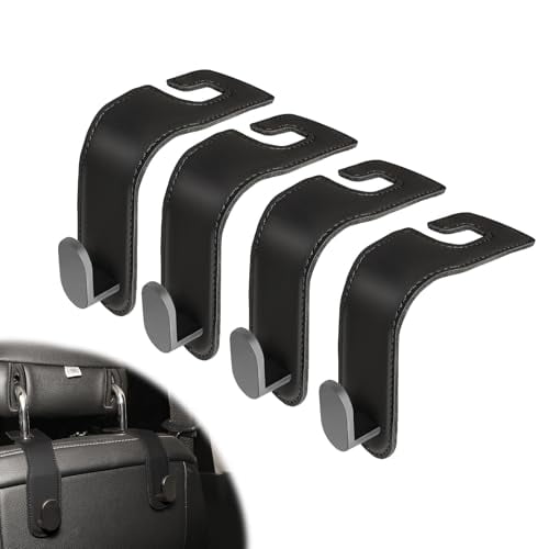 4-Pack Heavy-Duty Car Headrest Hooks,Premium PU Leather & Stainless Steel Seat Organizer for Purses,Bags,Groceries (Holds 44 lbs),Universal Fit for All Cars,Easy Installation