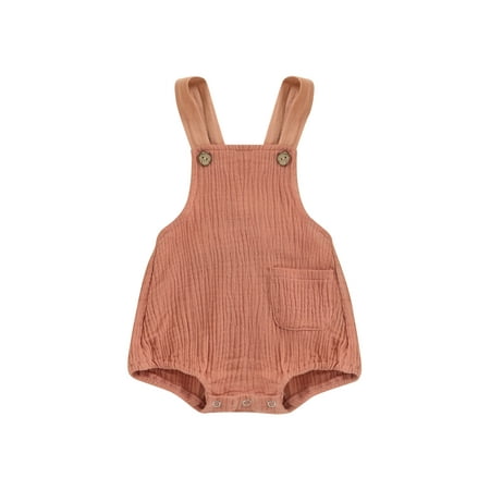 

Genuiskids Newborn Baby Girl Boy Romper Solid Color Sleeveless Flax Linen Button Bodysuit Shoulder Strap Toddler Onesie