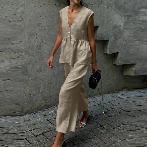 LEWKW Women's 2 Piece Outfits Summer Sleeveless V Neck Button Down Peplum Top And Wide Leg Crop Pants Matching Sets Casual Breathable Linen Feel Lounge Outfits