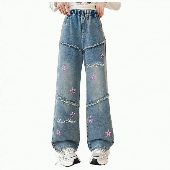 TOWED22 Girls Baggy Jeans, Stretchy Waist Wide Leg Jeans with Embroidery - Soft Loose Fit Pants with Pockets for Kids(Blue,8-9 Y)
