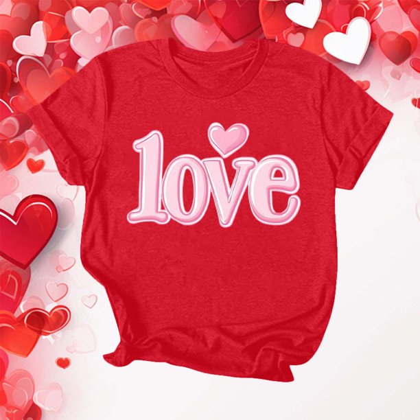 Puntoco Liquidación de camisetas cortas para mujer Camiseta de manga corta con cuello redondo y estampado para el día de San Valentín para mujer Camiseta de manga corta con cuello redondo