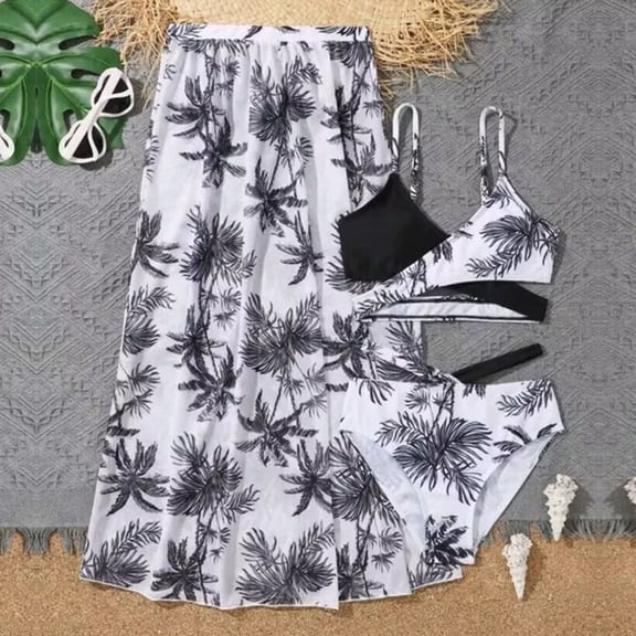 HOWPAY Swimsuit for Girls Tropical Print Sleeveless Tankini Cut Out Bikini Bottoms Bathing Suit with Pants Summer Sun Beach 2 Piece Swimwear Black