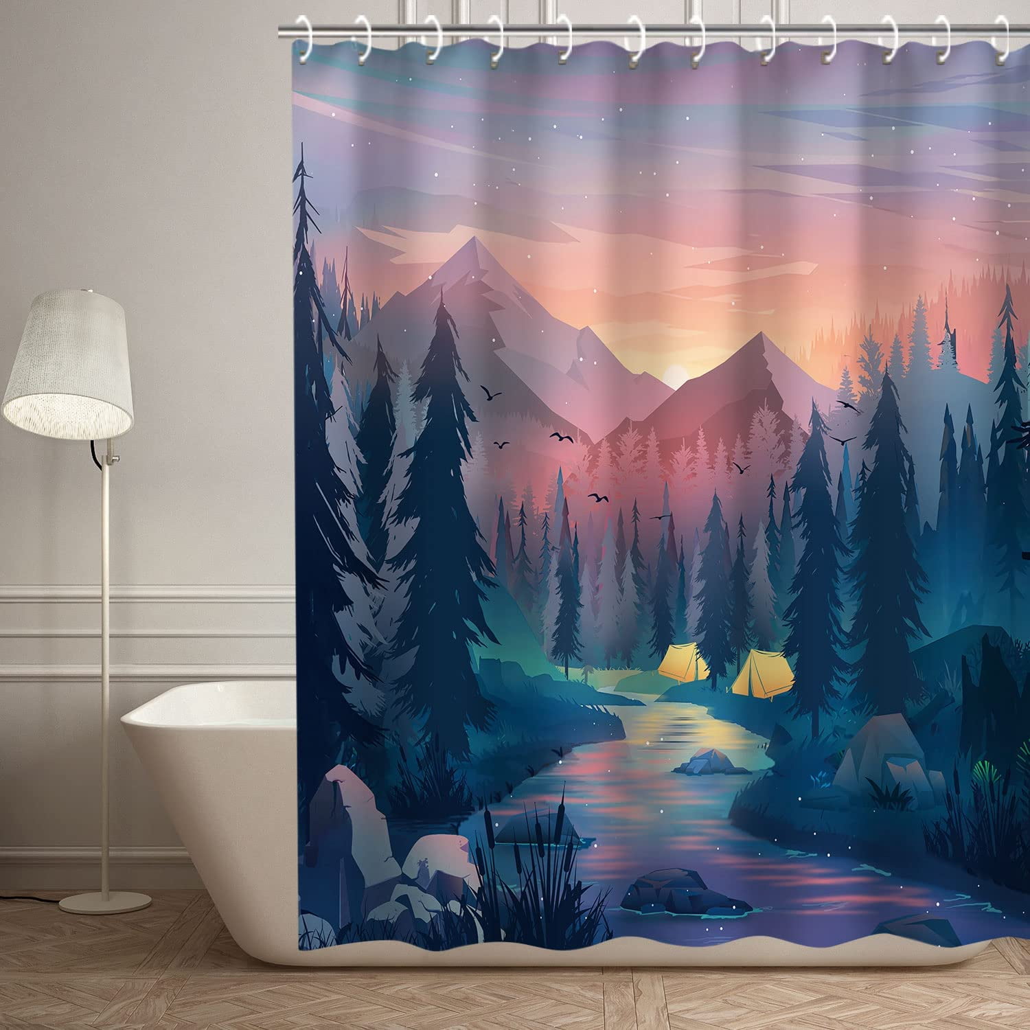 Stall Shower Curtain 36"x72" Inches Small Shower Curtain, Forest Mountain Shower Curtain Tree Shower Curtains for Bathroom, Nature Shower Curtain Hooks