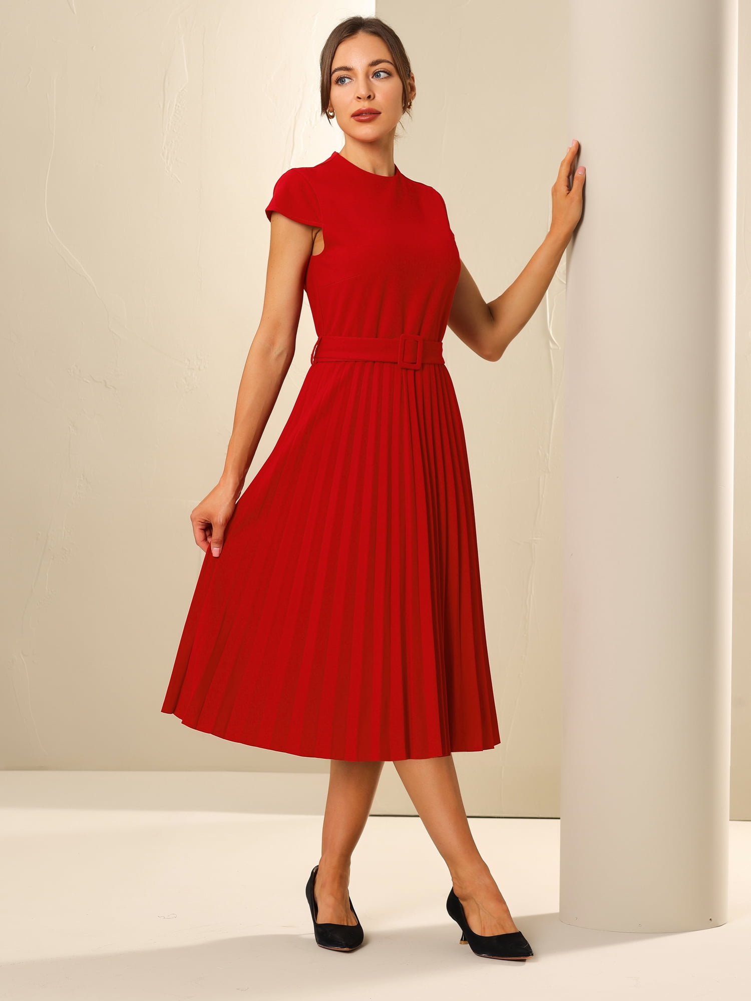 DARING DIVA Women's Mock Neck Cap Sleeve Belted A-Line Dress L Red