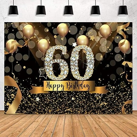 Image of Happy 60th Birthday Backdrop for Adult Party 10x8ft Bokeh Circle Glitter Gold Balloon Photography Background Sixty Birthday Black Gold Party Backdrops Diamond 60th Birthday Vinyl Photo Ba