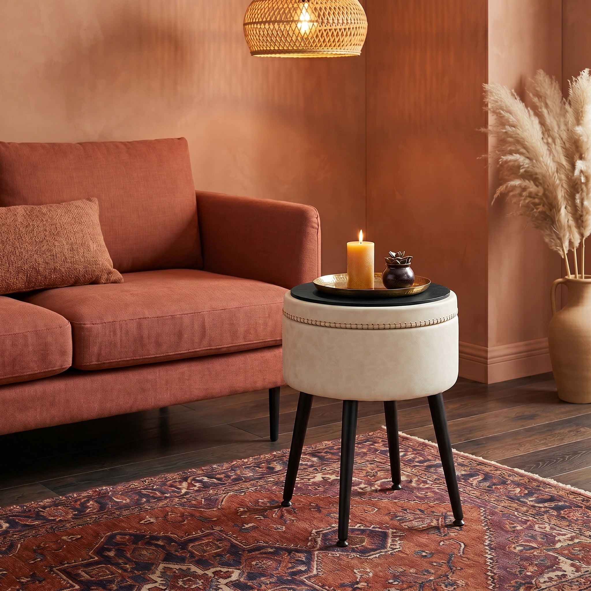 Nordic Hygge Round Storage Vanity Stool, Cream White
