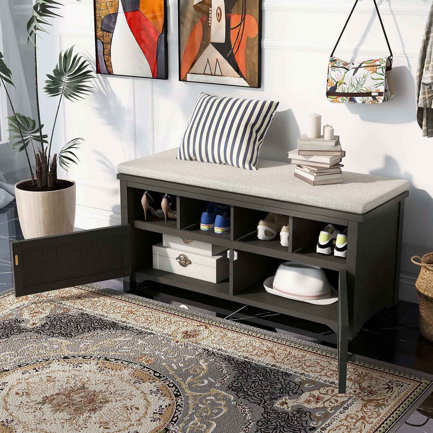Kadyn Rustic Style Two-Door Storage Bench, Shoe Entryway Bench with Linen Upholstered Top Cushion, Pine Organizer Footrest Bench Ottoman for Entryway, Dark Gray Kadyn Rustic Style Two-Door Storage Bench, Shoe Entryway Bench with Linen Upholstered Top Cushion, Pine Organizer Footrest Bench Ottoman for Entryway, Dark Gray