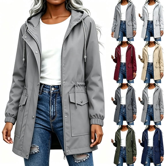 Yotami Womens Raincoats Zip-Up Hooded Jackets with Drawstring Waist, Elastic Cuff, Snap Button, Pocket, Fall Outdoor Waterproof Windbreaker Trench Coat Clothes, Sizes S-XXL
