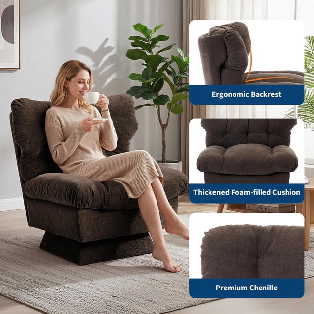 Sillón giratorio 360° tapizado en lino para salón o dormitorio - Asiento extra profundo, respaldo alto, cojín grueso - Diseño moderno y cómodo, capacidad 136 kg - Montaje fácil - Color: Flax | Brown