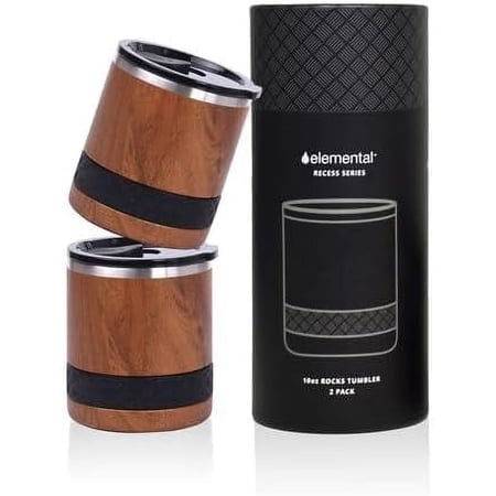 Elemental Recess Lowball Tumbler Set of 2 10oz Triple Wall Stainless Steel Cup with Non-Shattered Tritan Lid Insulated Whiskey Glass Insulated Coffee Tumbler Mug for Hot & Cold Drinks - Teakwood