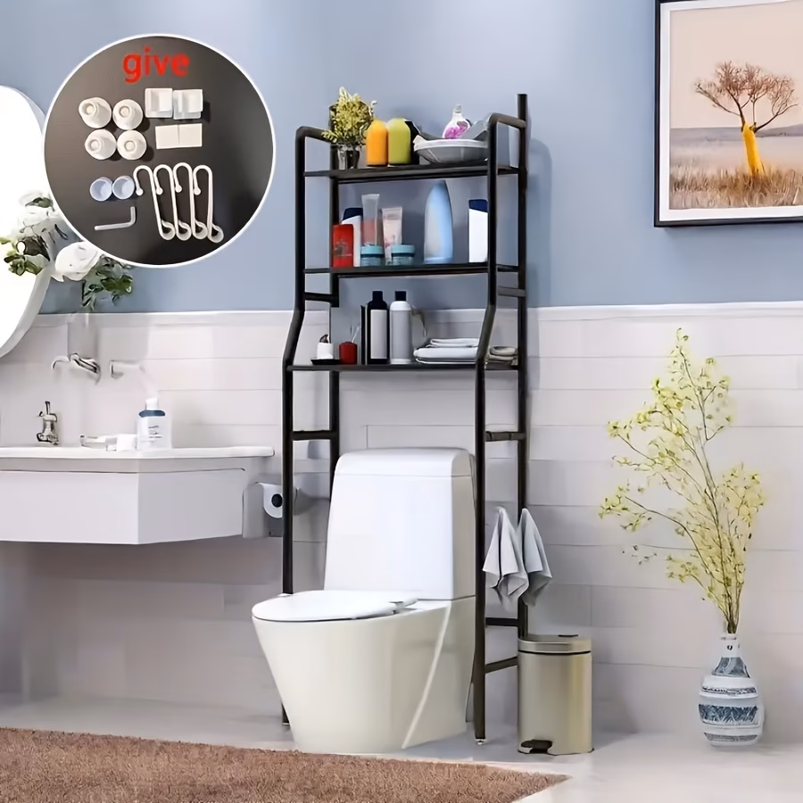 3-Tier Metal Over-the-Toilet Storage Rack, Space-Saving Bathroom Organizer with Frame, No Drilling Required, Minimalist Vertical Shelf for Small Spaces