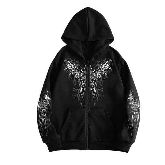 Unisex Y2K Zip Up Hoodie Gothic Print Hooded Sweatshirt Oversized Grunge Streetwear Hooded Jacket Emo Alternative Clothes