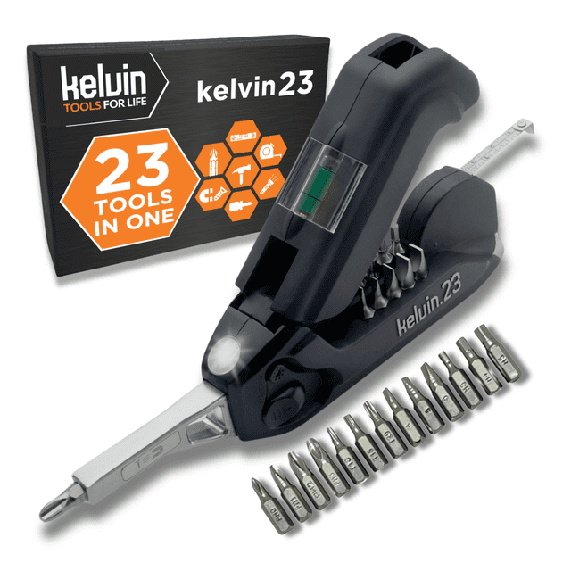 Kelvin Tools Kelvin 23 Urban Multi Tool Screwdriver Set All in One with 16 Bit Set, Tape Measure, Liquid Level, Hammer, Flashlight Multibit Pocket Screwdriver, Universal Precision Screwdriver