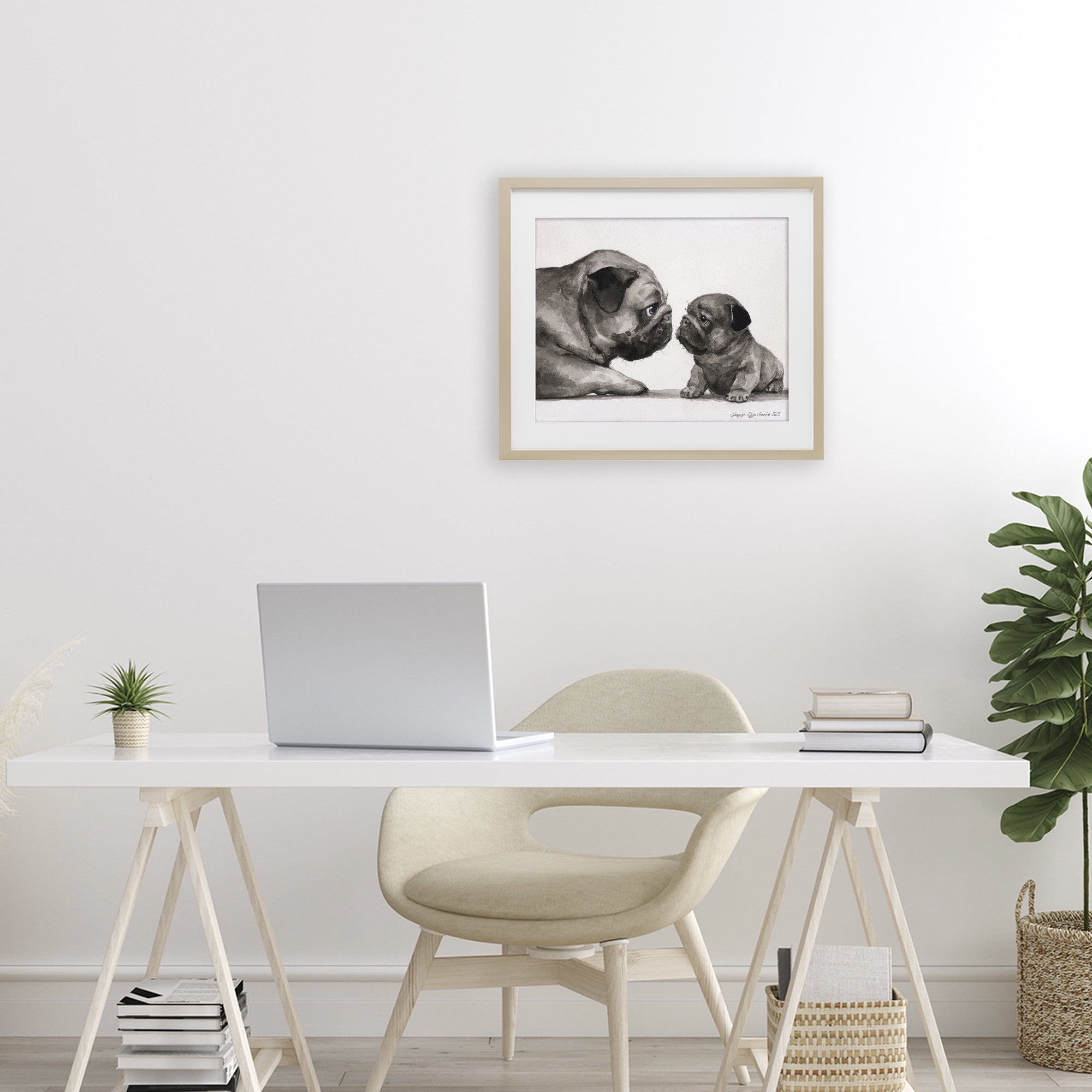 Stupell Industries Pug And Her Puppy Birch Framed Print Under Glass, design by George Dyachenko