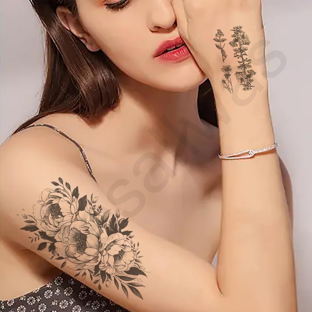 15 Feuilles De Tatouages Temporaires Fleur Rose Pour Femme - Motif élégant Pour Bras Et Corps - Taille Variable