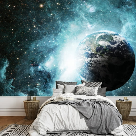 wall26 -Earth Surrounded by Shades of Blue Galaxies - Wall Mural, Removable Sticker, Home Decor - 100x144 inches