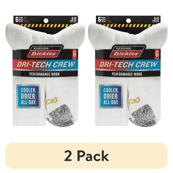 (2 pack) Dickies Men's Dri-Tech Crew Sock, 6 Pack, Solid White Sizes 6-12