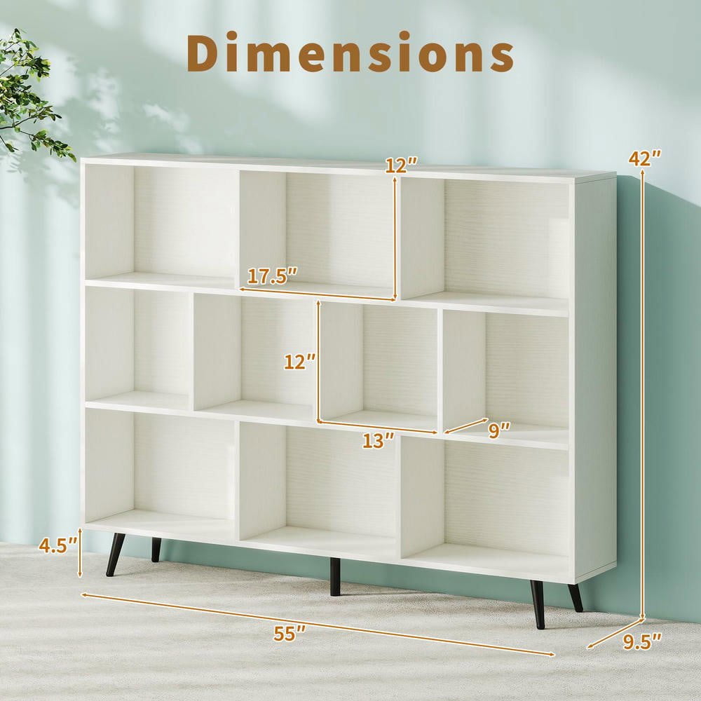 Resenkos 10-Cube Bookcase with 5 Tapered Metal Legs, White + Black