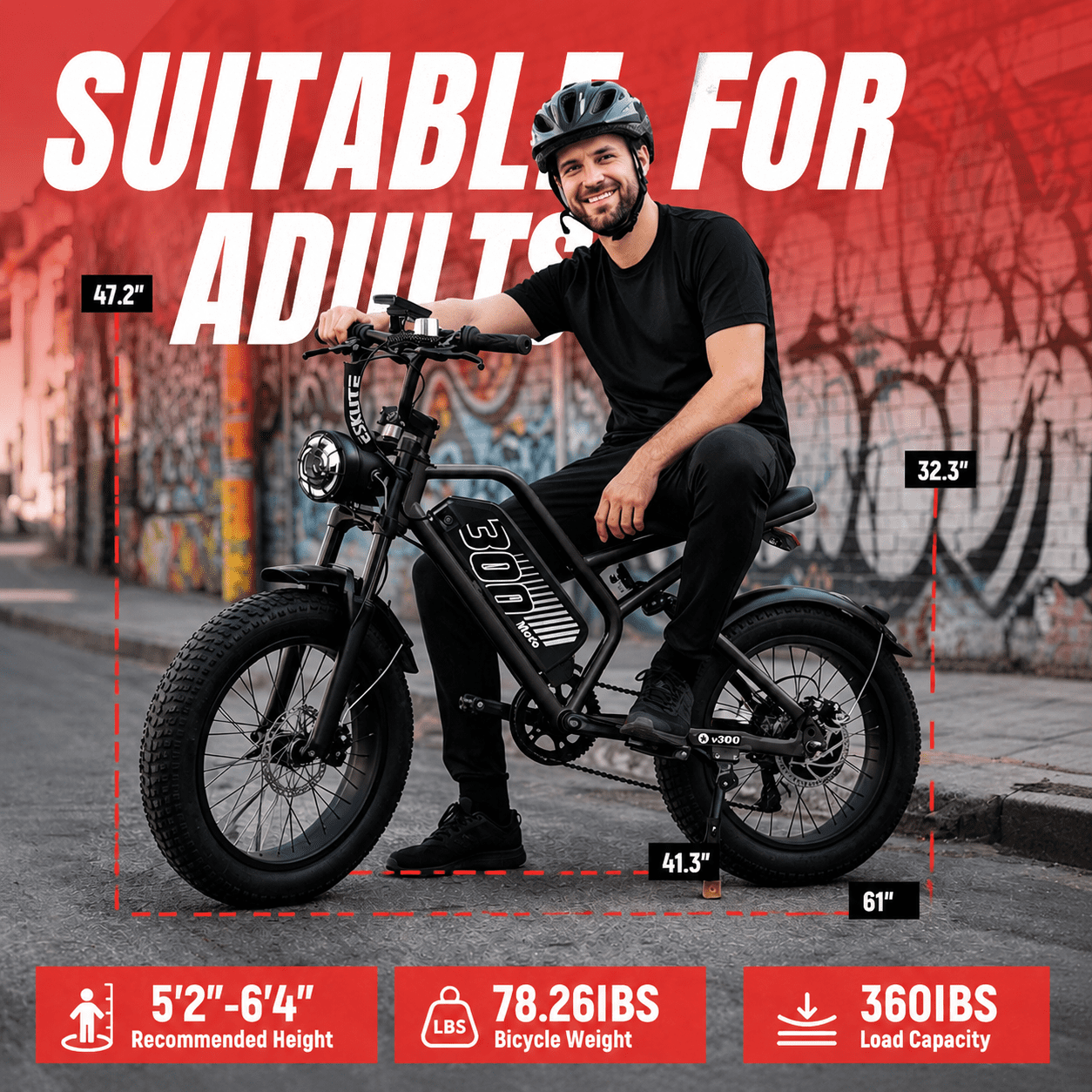 ESKUTE V300 Electric Bike for Adults & Teens, 749W Motor, 19MPH Max Speed, 48V 20.8Ah Removable Battery, 20" x 4.0" Fat Tires, 7-Speed, NFC Unlock Black, UL2849