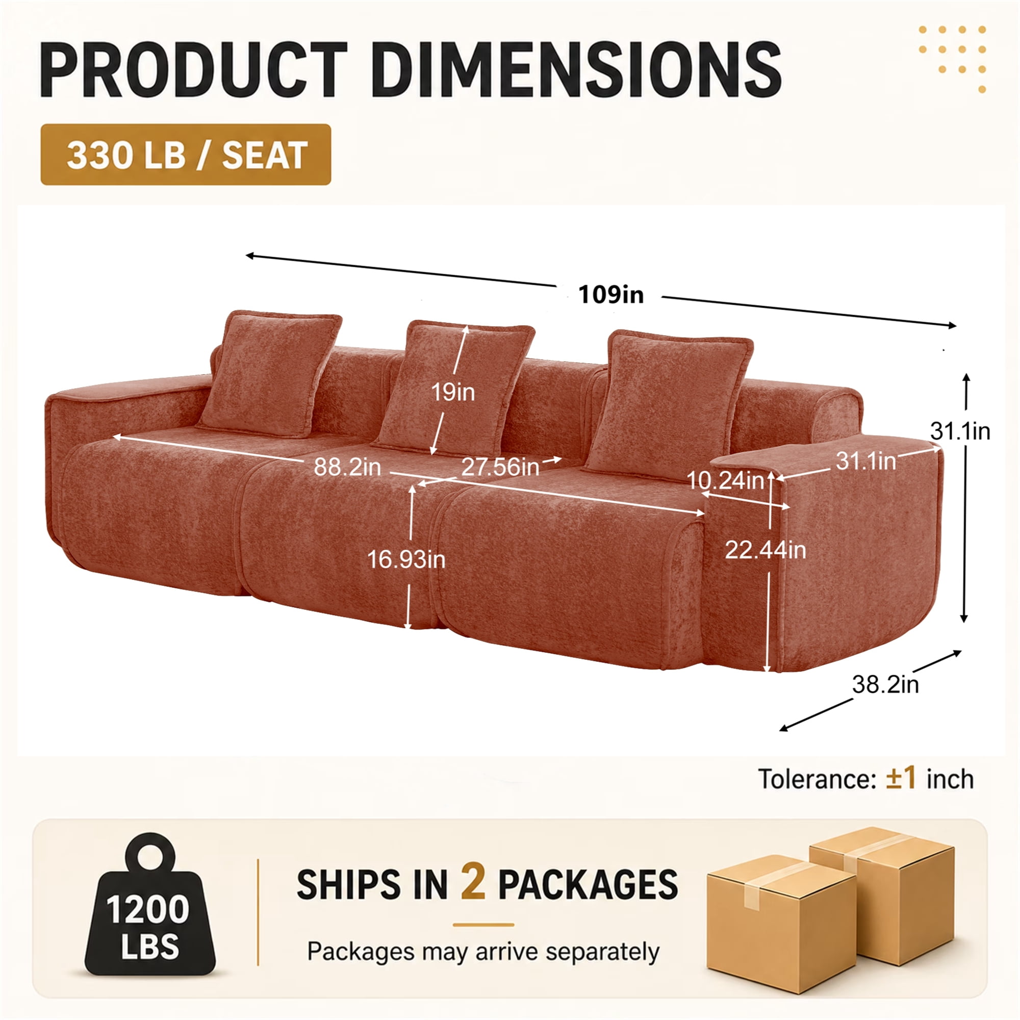 Aukfa 109" Oversized Boneless Couch Deep Seat 3 Seat Cloud Sofa for Living Room Bedroom, 3 Pillows, Velvet, Terracotta