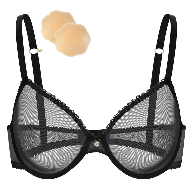 Wingslove Women's Sexy Sheer Bra Unlined Underwire Support See Through  Everyday Bra with Silicone Nipple, Black 32DD