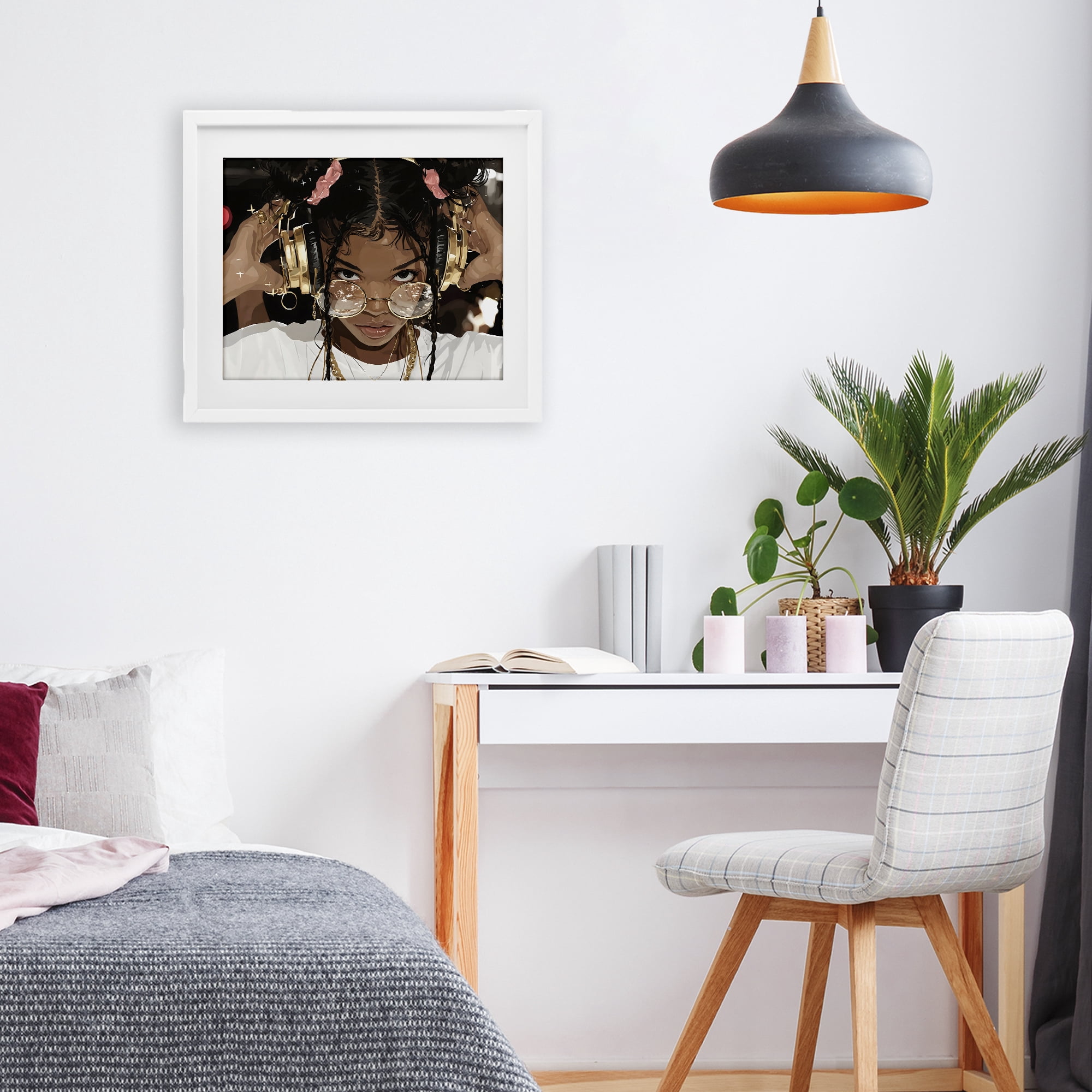 Stupell Industries Trendy Girl with Gold Headphones White Framed Print Under Glass, design by Franklyn Gregory