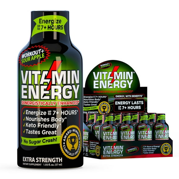 Vitamin Energy Pre-Workout Extra Strength Shot, Sour Apple, 12 Pack – 260mg Natural Green Tea Caffeine, Keto-Friendly Endurance Blend, Zero Sugar, 1.93 fl oz