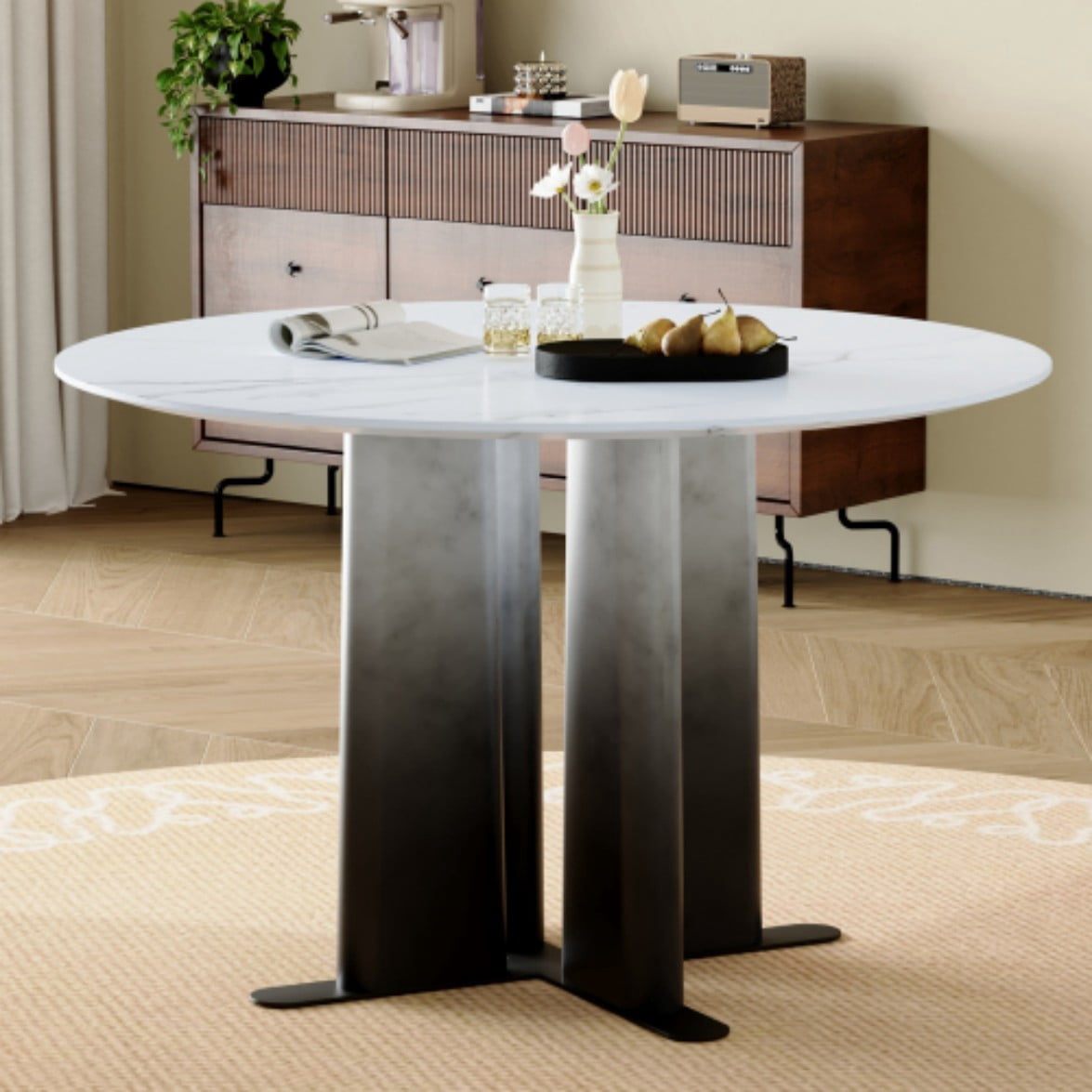 Round White Marble Dining Table, Modern MDF Kitchen Table for 2-4 People, Gradient Cross Base, Compact Table for Small Spaces, White & Black