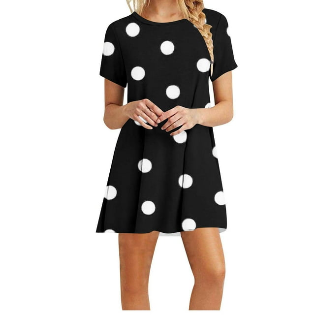 Liquidation Aujourd'hui Offres Iumwxz Robe à Col Rond à Manches Courtes pour Femmes Décontractée Ligne A Fluide Courte Robe Soleil Robes à Pois Robes Décontractées pour Femmes Robe Confortable pour Rester à la Maison