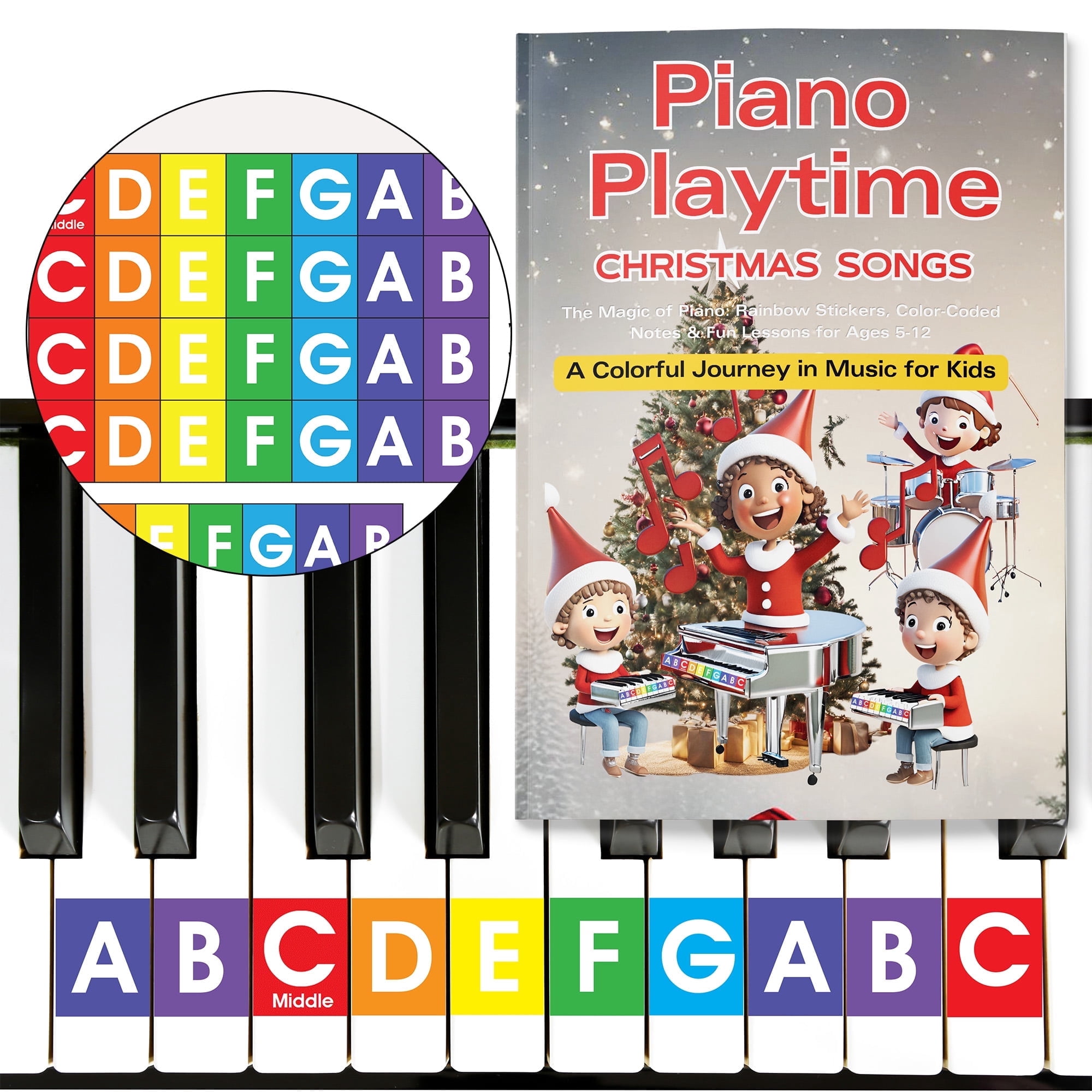 QMG Piano Playtime Christmas Beginner Piano Book for Children and Rainbow Color Piano and Keyboard Stickers